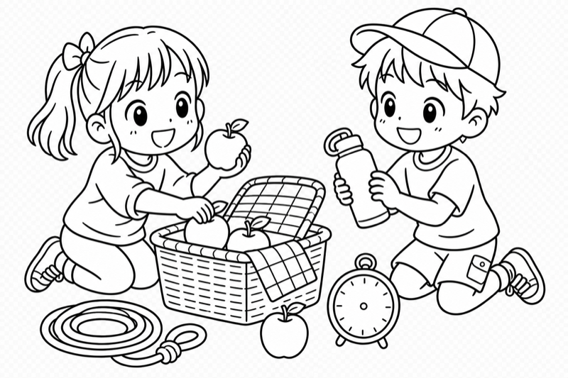 ピクニックの準備をする子どもの白黒線画