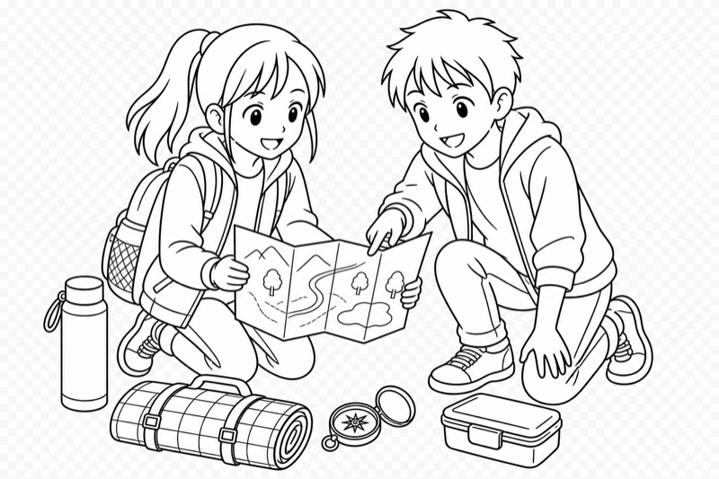 地図を見てピクニックを計画する子どもの白黒線画